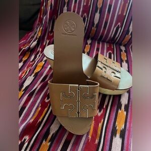 Tory Burch Brown Slide Sandals with Logo Accent
